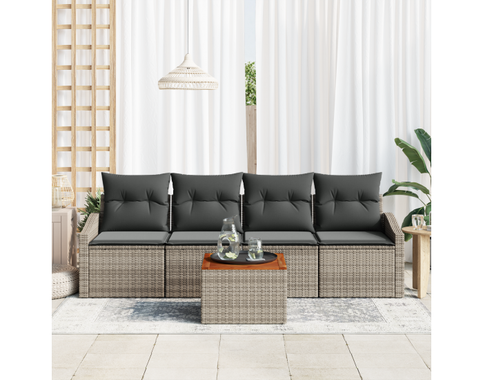 Sonata H 5 Часов Градински Диван Комплект с Възглавници Сив Синтетичен Ратан Акация