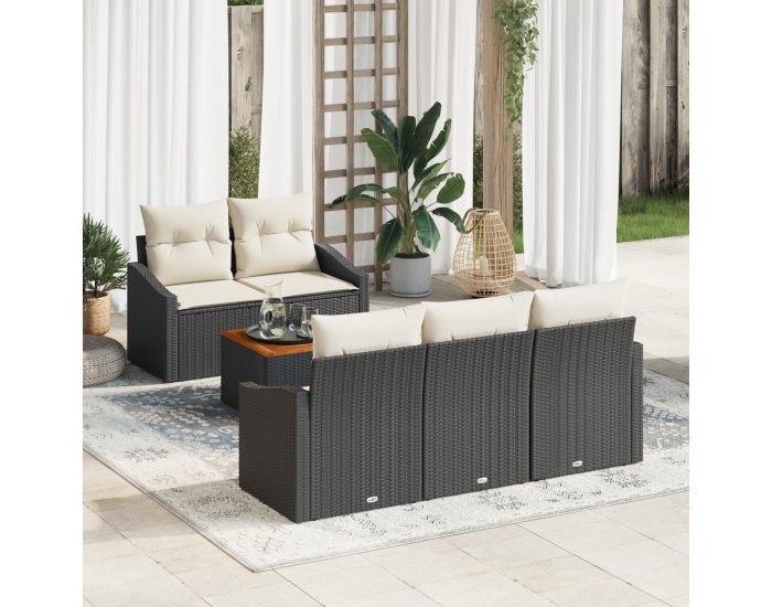 Sonata H Комплект от 6 части градински диван с възглавници черен поли ратан акация