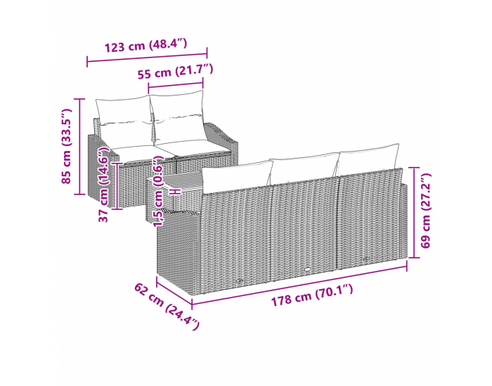 Sonata H Комплект от 6 части градински диван с възглавници черен поли ратан акация