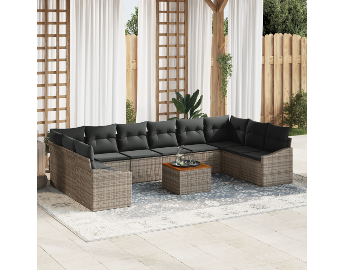Sonata H 11-частен градински комплект диван с възглавници, сиво, полиратан, акация