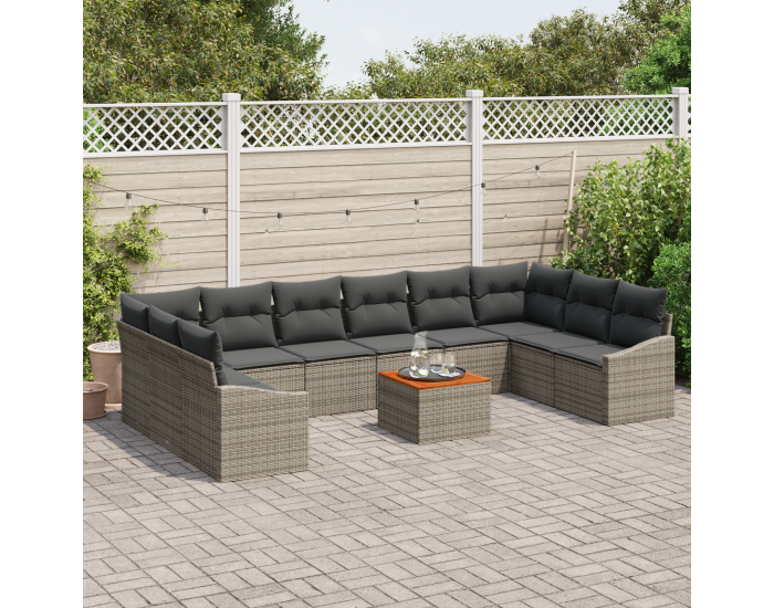 Sonata H 11-частен градински комплект диван с възглавници, сиво, полиратан, акация