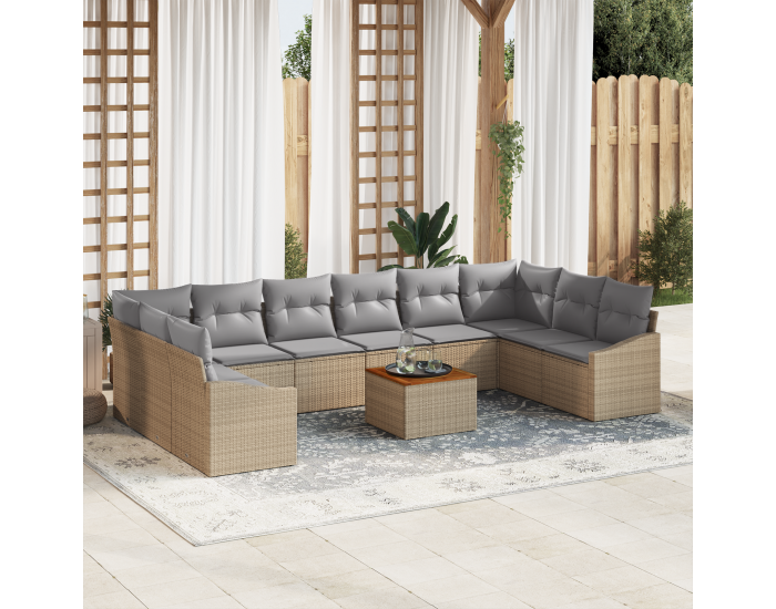 Sonata H 11 части градински диван комплект с възглавници Бежов Поли ратан Акация