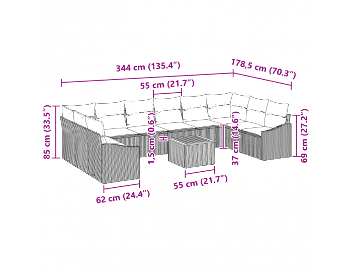 Sonata H 11 части градински диван комплект с възглавници Бежов Поли ратан Акация