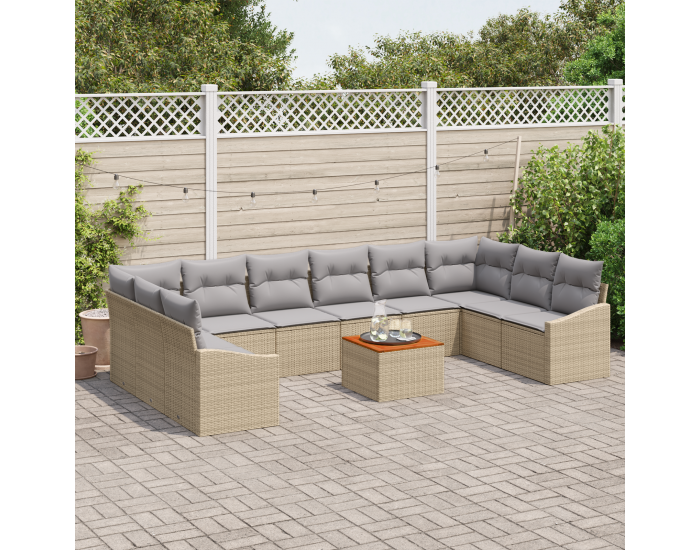 Sonata H 11 части градински диван комплект с възглавници Бежов Поли ратан Акация