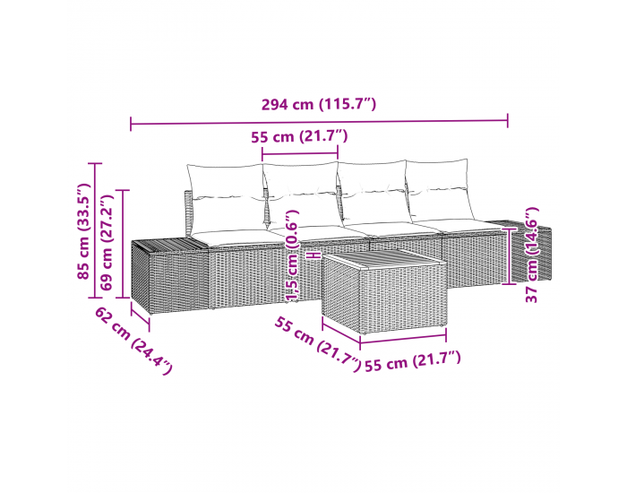 Sonata H 5 части градински диван комплект с възглавници черен полиратан акация