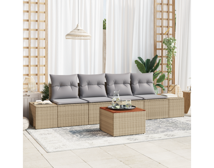 Sonata H 5 части градински диван комплект с възглавници Бежов Ратани Акация