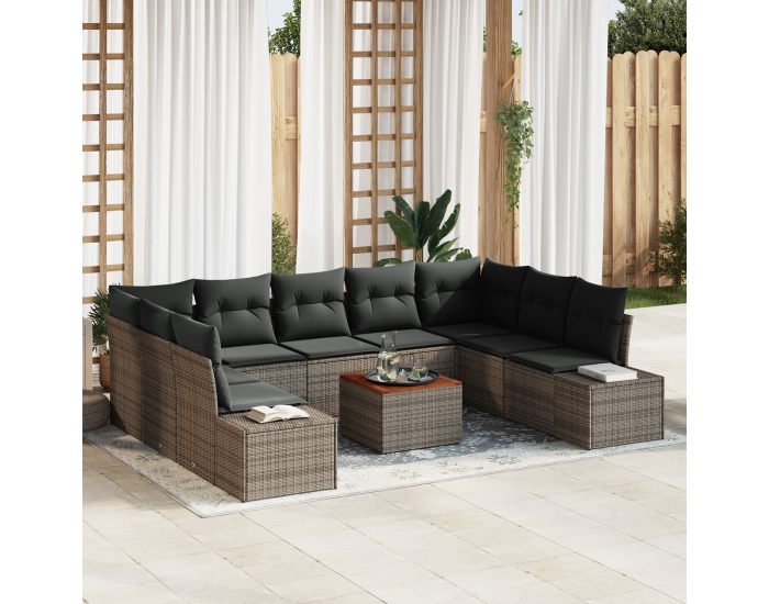 Sonata H 10-членен градински диван комплект с възглавници Сиво Полиратан