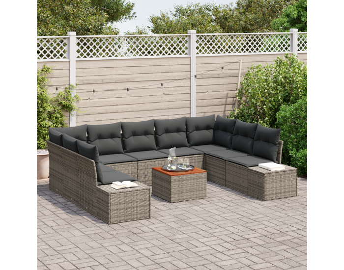 Sonata H 10-членен градински диван комплект с възглавници Сиво Полиратан