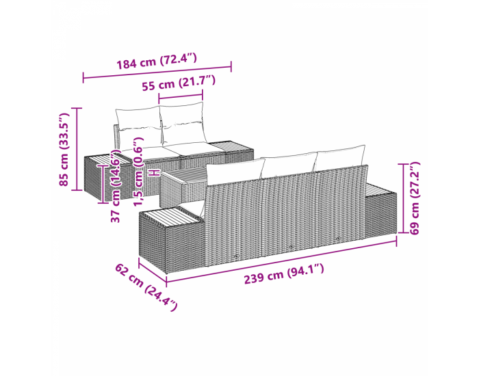 Градински диван комплект Sonata H с възглавници Бежова Полиестерен ратан Акация