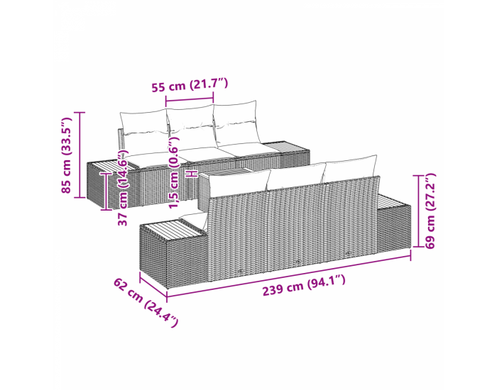 Комплект градински диван Sonata H с възглавници Сив Поли Ратан Акация