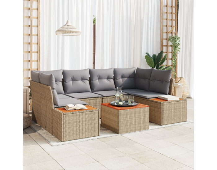 6-частен градински диван комплект с възглавници Бежов Полиротан Акация