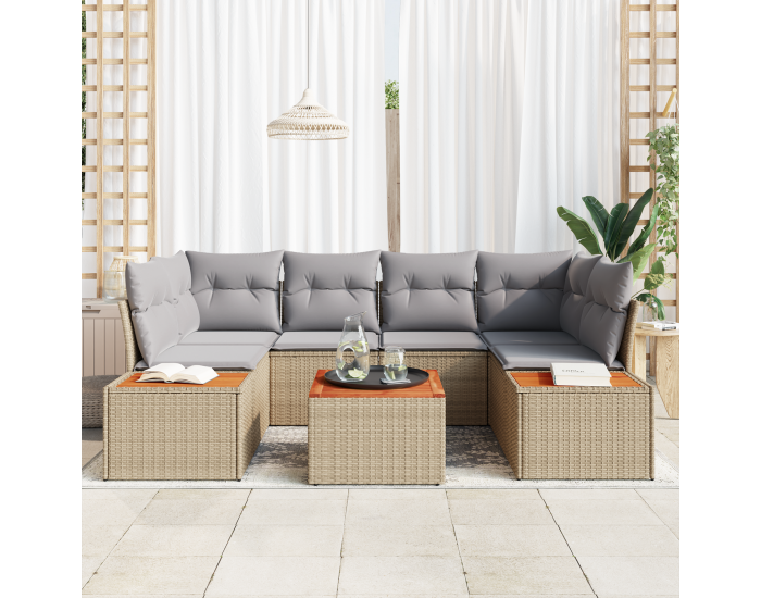 6-частен градински диван комплект с възглавници Бежов Полиротан Акация