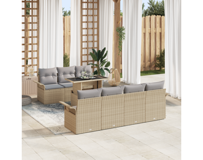 Комплект от 8 части градински диван с възглавници Бежов Полирано ратан