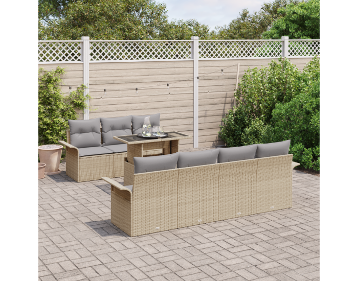 Комплект от 8 части градински диван с възглавници Бежов Полирано ратан