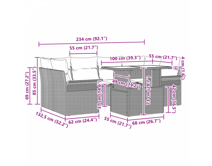 Комплект от 7 части градински диван с възглавници черно полиракита