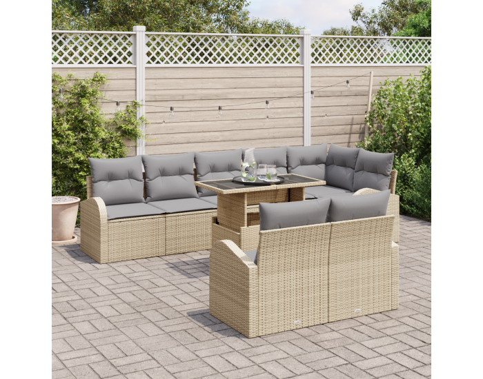 9-частен градински комплект с вложки бежов полимерен ратан