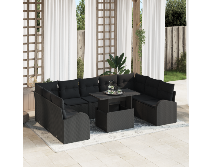 Sonata H 10 части градински диван комплект с възглавници черен полиратан