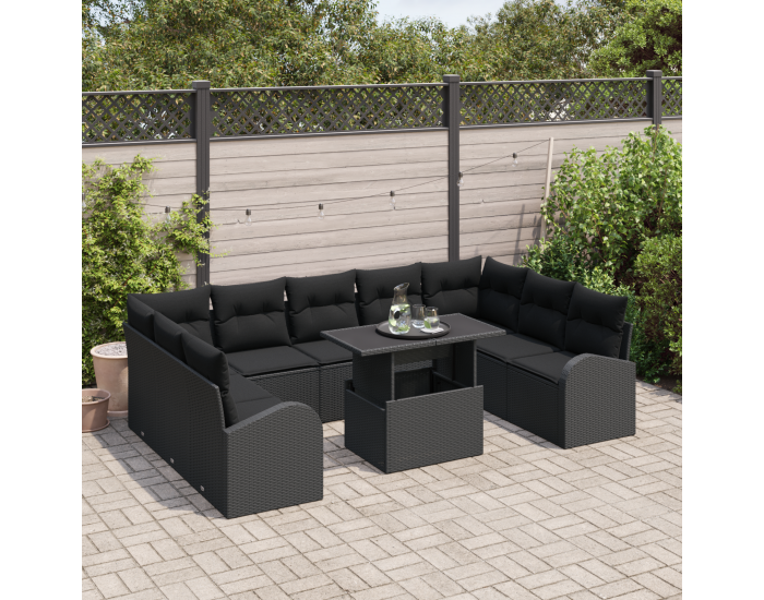 Sonata H 10 части градински диван комплект с възглавници черен полиратан