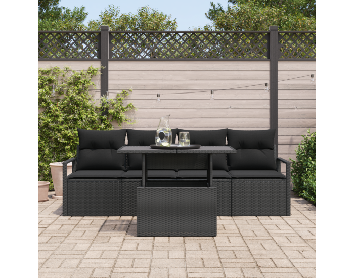 Sonata H Комплект от 5 части градински диван с възглавници Черен Полиратан