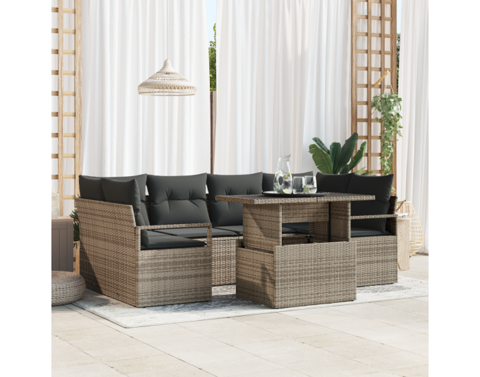 Комплект от 7 части градински диван с възглавници сиво полиестерен ратан