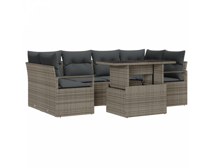 Комплект от 7 части градински диван с възглавници сиво полиестерен ратан