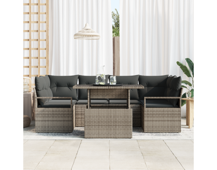Комплект от 7 части градински диван с възглавници сиво полиестерен ратан