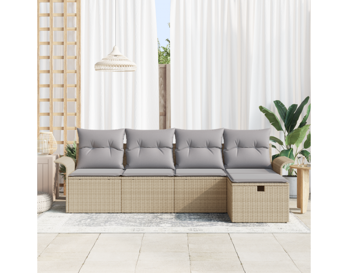 Sonata H 5 Частен Градински Диван Комплект с Възглавници Бежов Полиестерен Ратан