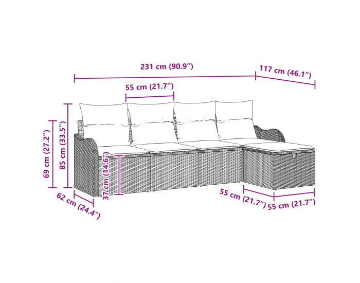Sonata H 5 части градински диван комплект с възглавници черен полиестер