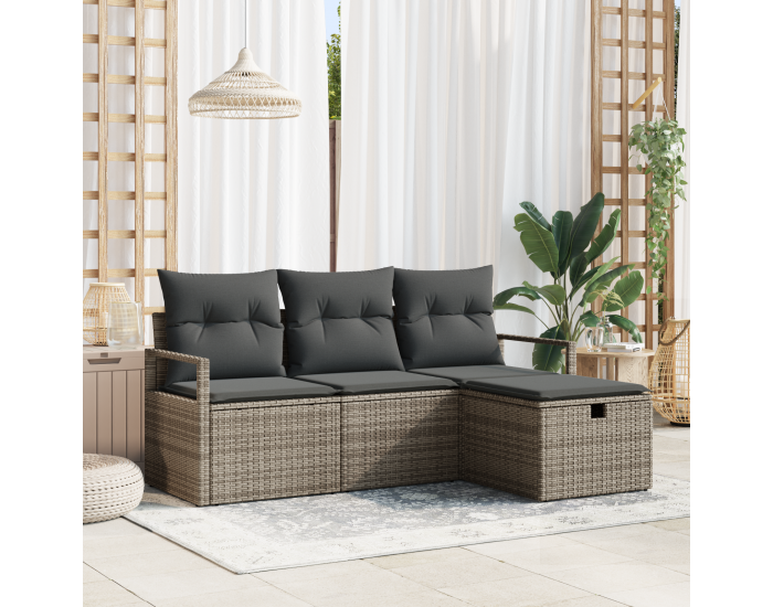 Sonata H 4 Частен Градински Диван Сет с Възглавници Сив Полиестерен Ратан