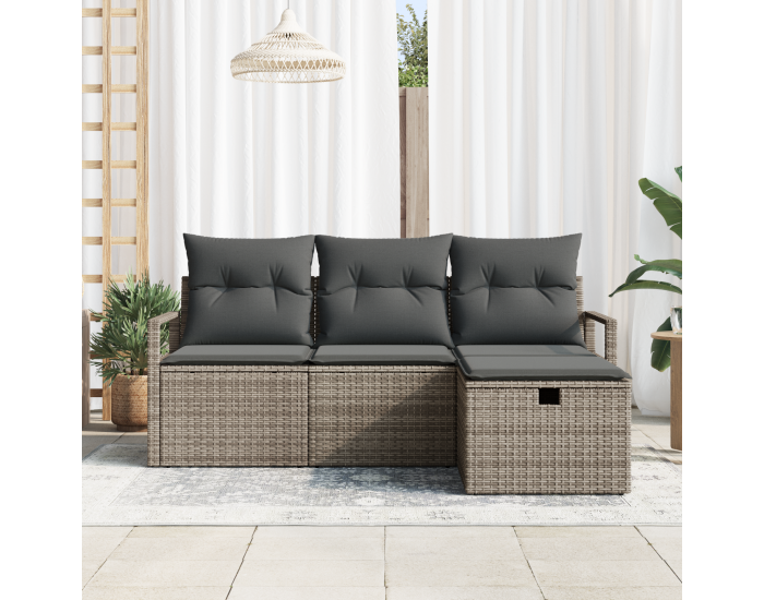 Sonata H 4 Частен Градински Диван Сет с Възглавници Сив Полиестерен Ратан
