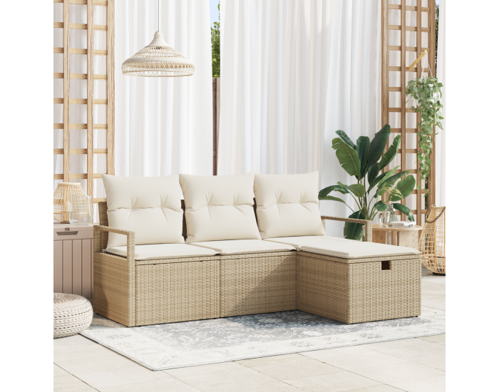 Sonata H 4 Членен градински диван комплект с възглавници Бежов Полиестер от ратан