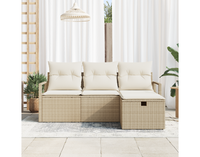 Sonata H 4 Членен градински диван комплект с възглавници Бежов Полиестер от ратан