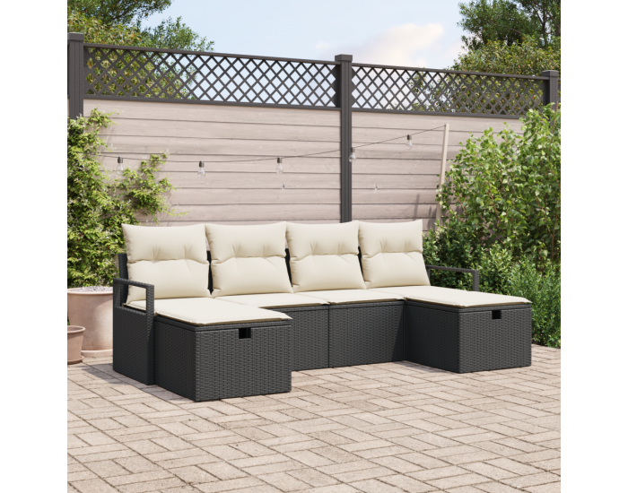 Към комплект от 6 части градински дивани с възглавници черен полирътан