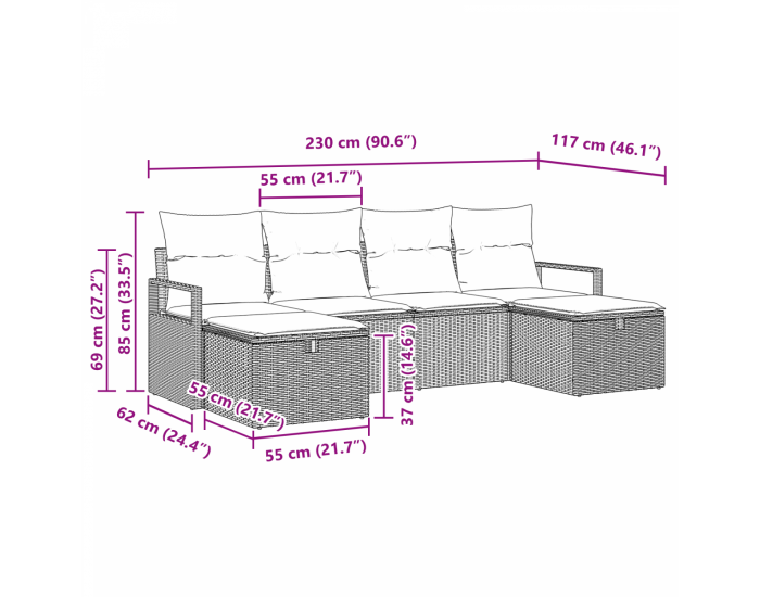 Към комплект от 6 части градински дивани с възглавници черен полирътан