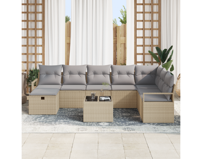 9 части градински диван Sonata H с възглавници Бежов Poly Rattan