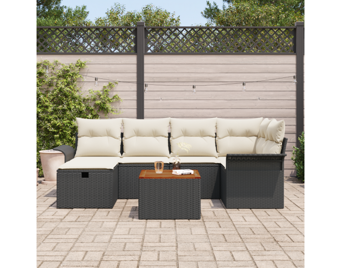 7 Частен Градински Диван Комплект С Възглавници Черен Полиратаан