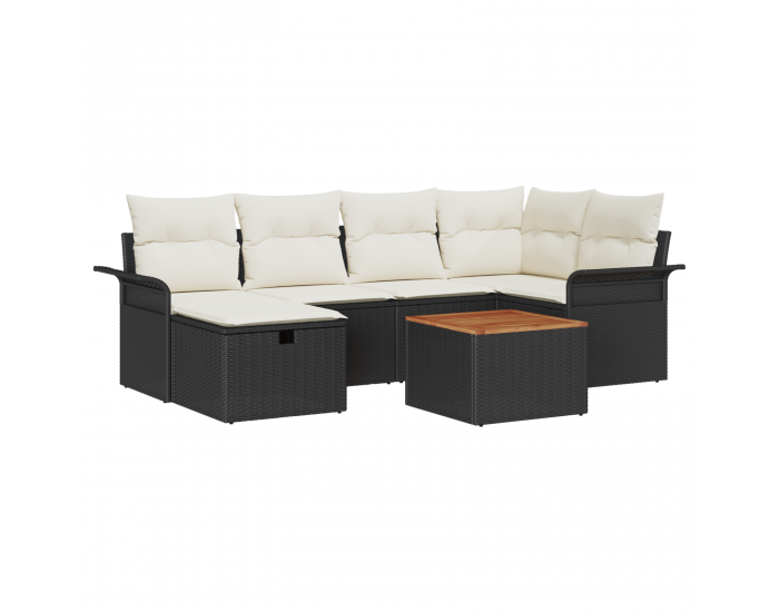 7 Частен Градински Диван Комплект С Възглавници Черен Полиратаан