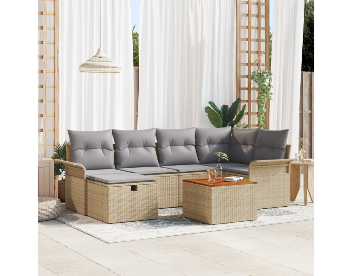 Сет от 7 части за градински диван с възглавници Бежов поли ратан