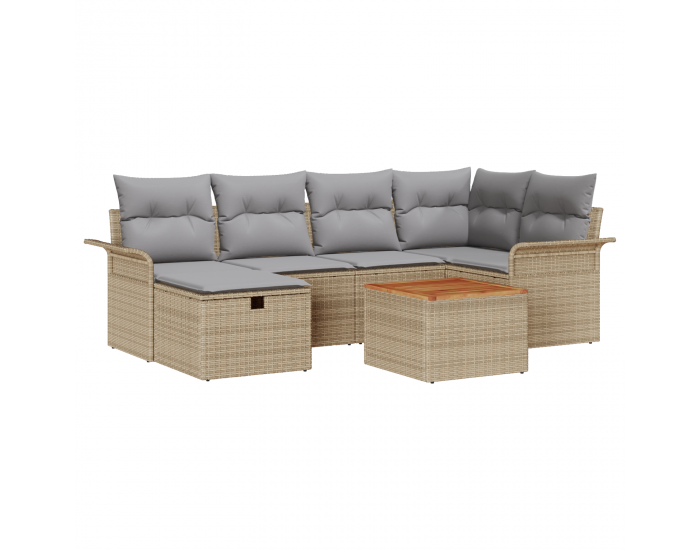 Сет от 7 части за градински диван с възглавници Бежов поли ратан