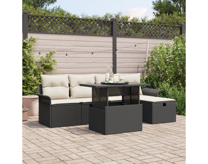 Комплект градински дивани от 6 части с възглавници в черен полирата