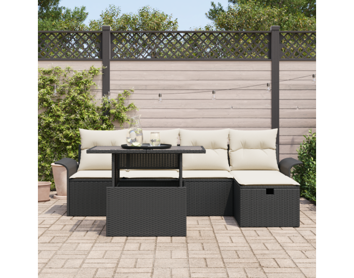 Комплект градински дивани от 6 части с възглавници в черен полирата