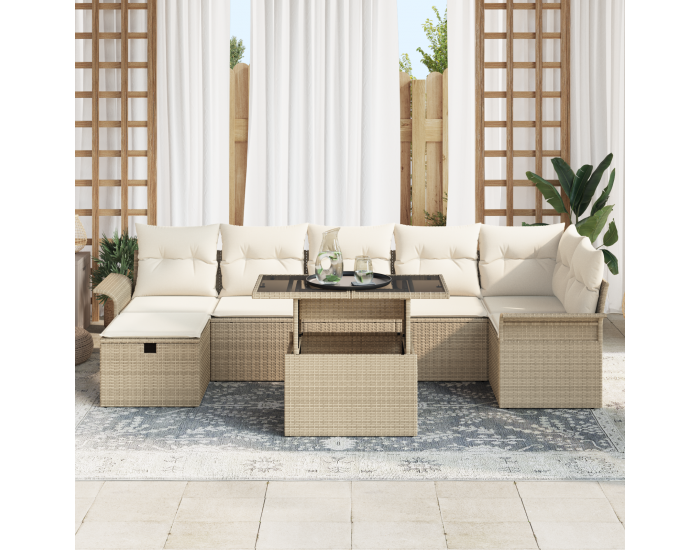 8 частен комплект градински диван с възглавници Бежов Полирано ратан
