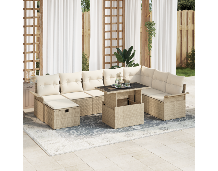 9-часов градински диван с възглавници бежов полиратан