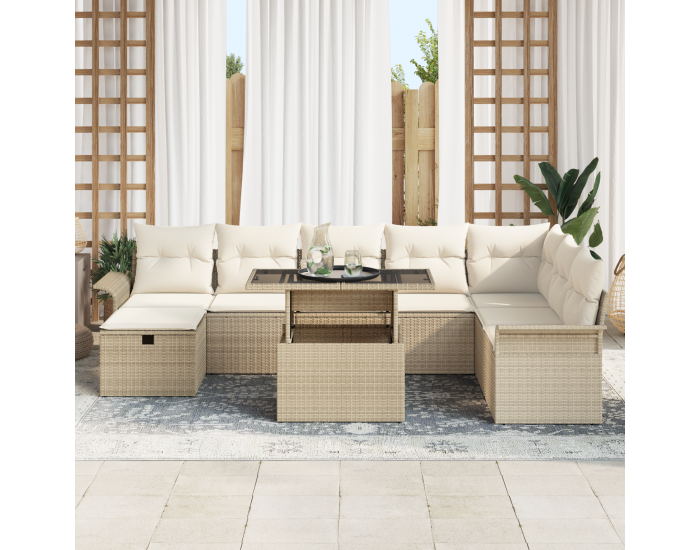 9-часов градински диван с възглавници бежов полиратан