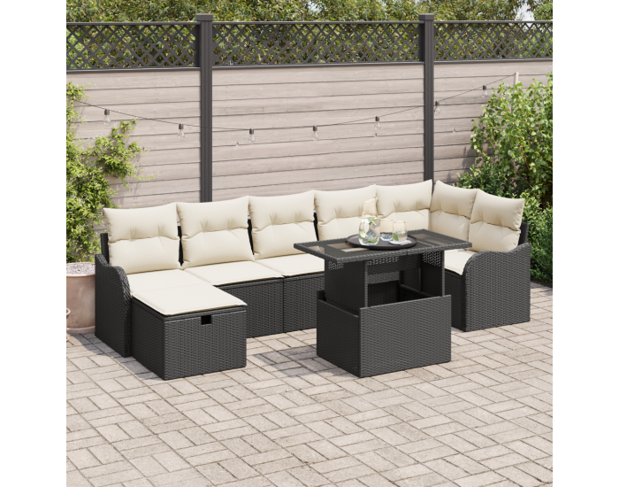 8 Часов Градински Диван с Възглавници Черно Поли Ратан