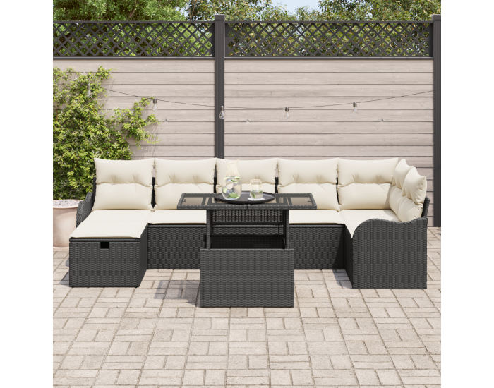 8 Часов Градински Диван с Възглавници Черно Поли Ратан