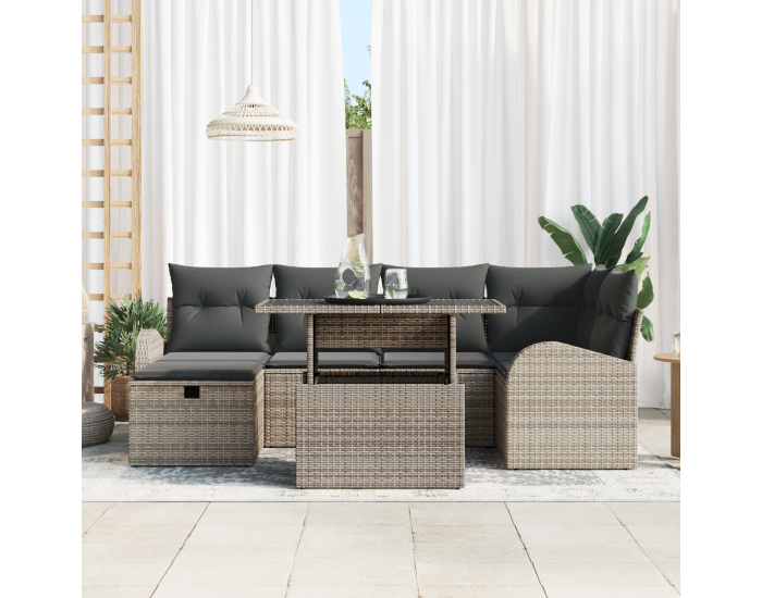 Сет от 7 части за градински диван с възглавници Сив Полиратан