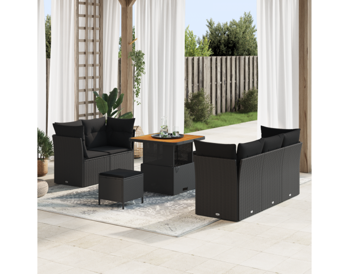 Комплект от 8 части градински диван с възглавници черен полиратан