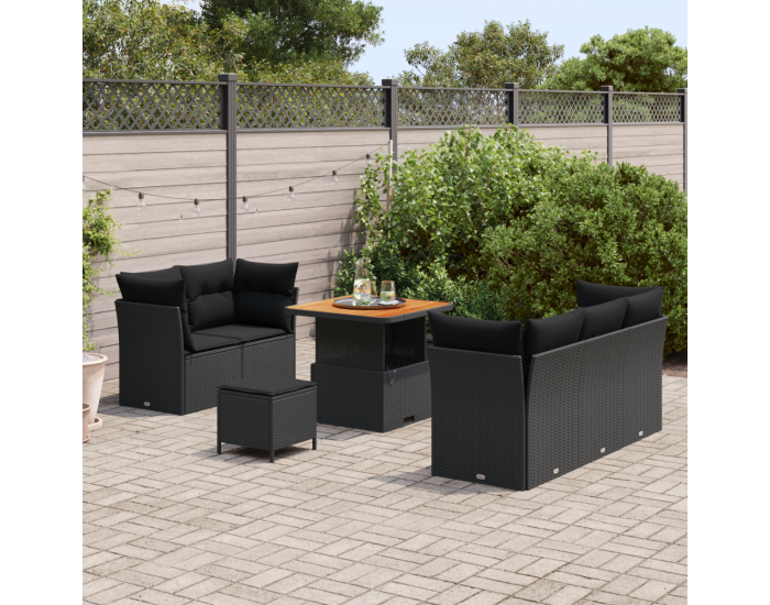 Комплект от 8 части градински диван с възглавници черен полиратан