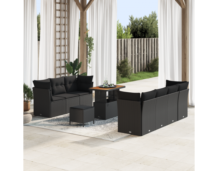 Комплект градински диван Sonata H с 10 части с възглавници Черен Поли рогозка Акация